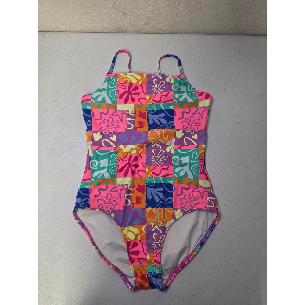 Girls Patchwork Starfish Print One Piece Swimsuit Multicolor Size XL 12